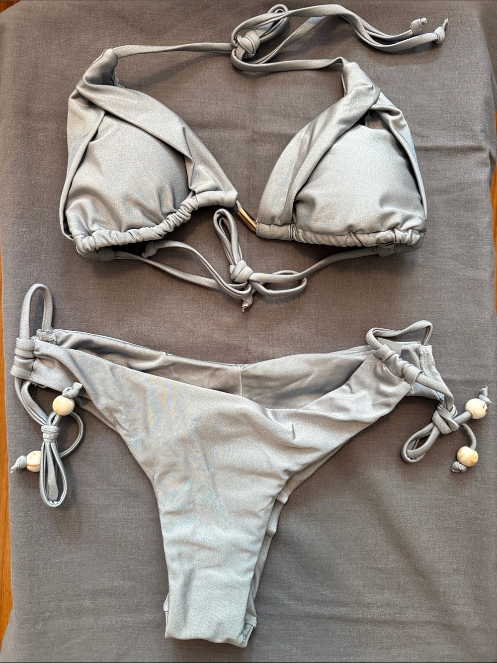Light Gray metallic Triangle Bikini Set with Bead Ties
